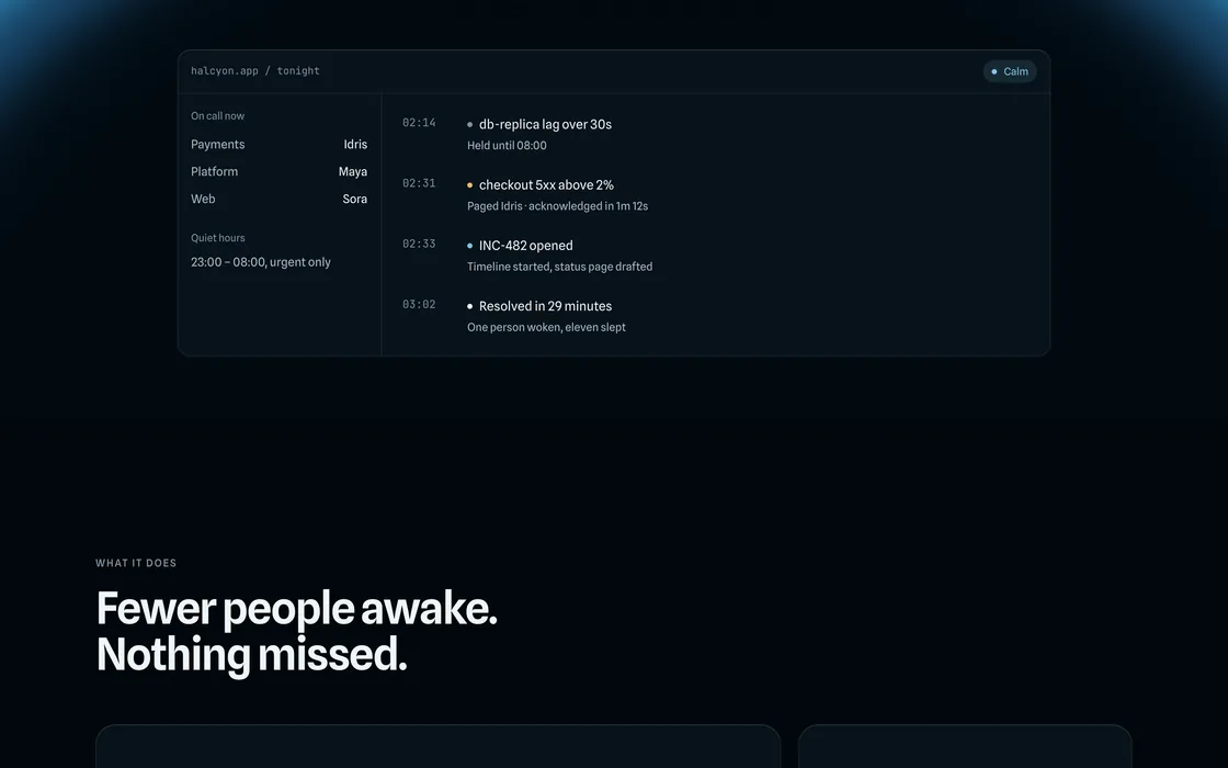Halcyon’s product window, a night’s incident timeline, under the blue edge of its horizon.