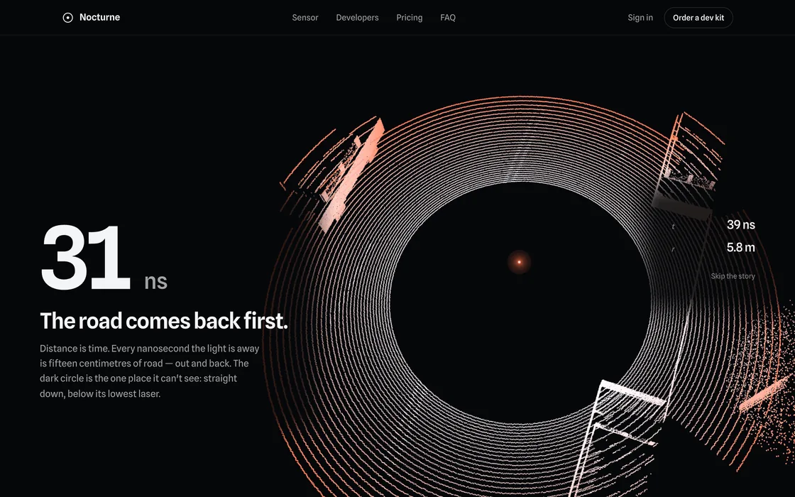 Nocturne’s launch page: rings of lidar returns round a dark circle on a black street.