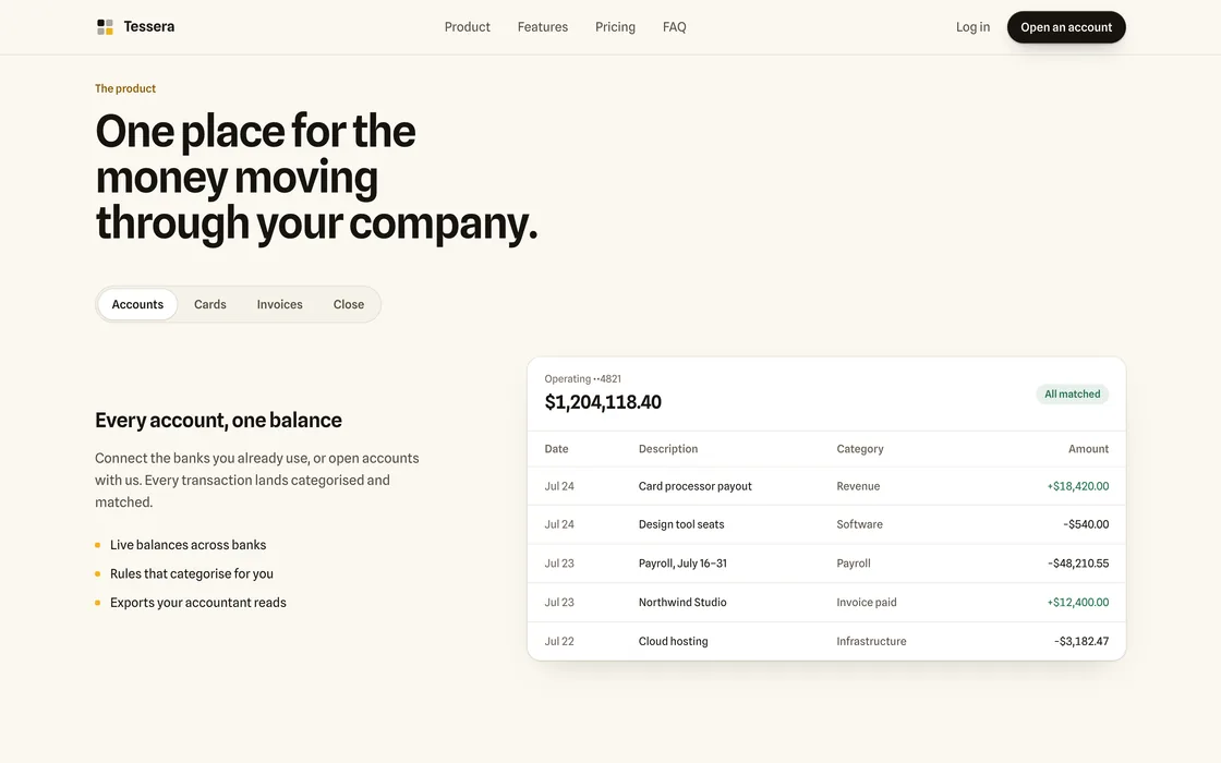 Tessera’s product tour on cream: “One place for the money moving through your company”, with an account’s ledger beside it.